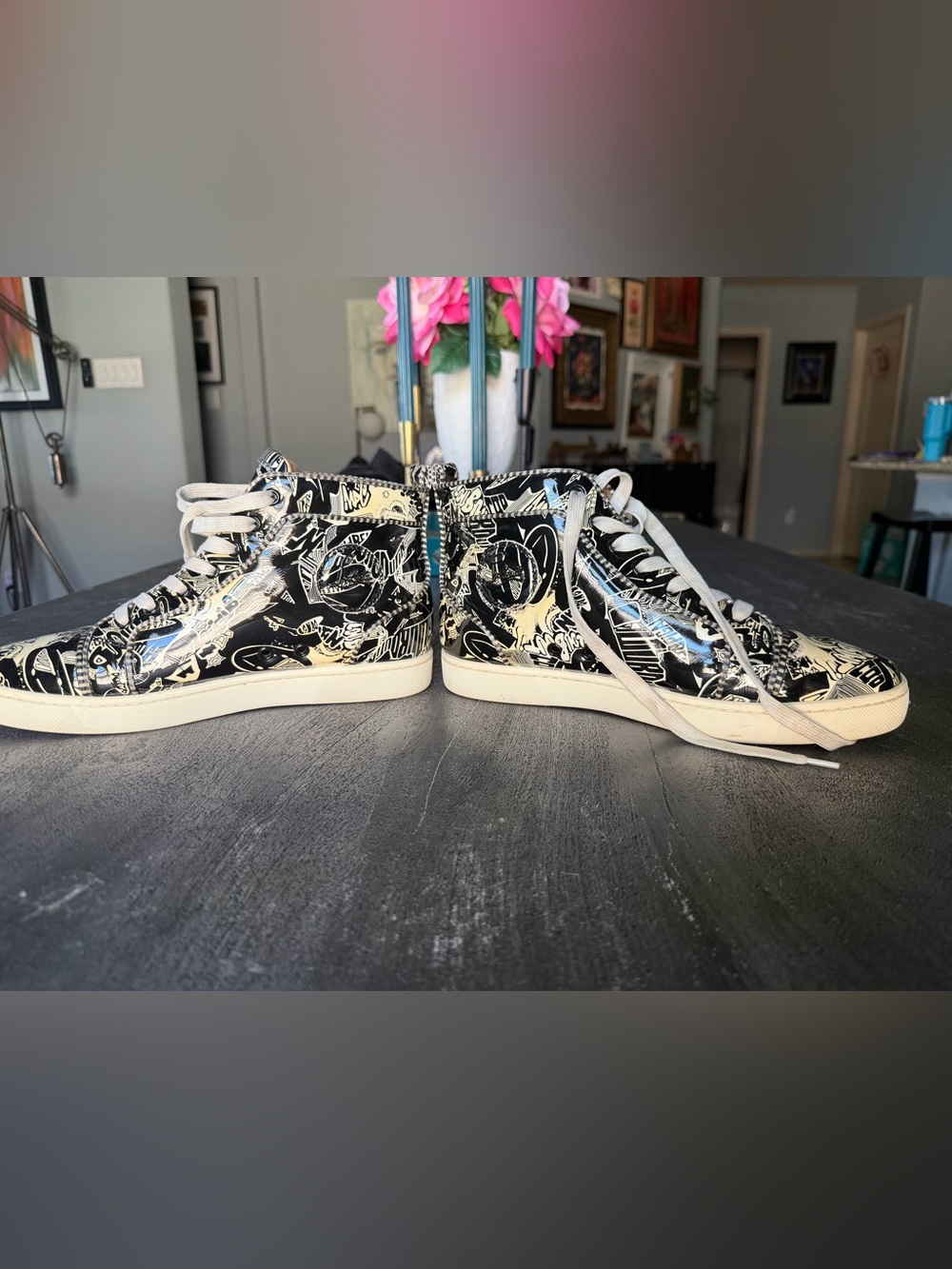 Christian Louboutin Black & White Graphic High-Top Sneakers - Picture 5 of 10